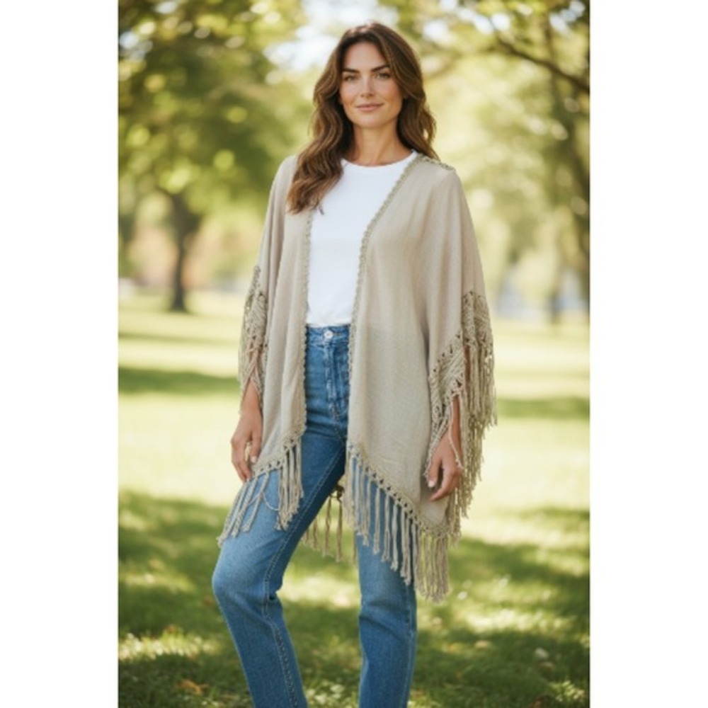 Boho Crochet Fringe Kimono Wrap Tan Open Front Cottagecore Shawl Cover Up